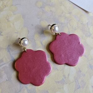 Polymer Clay and Flower Drop Earrings in Pink and Gold